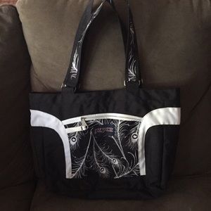 Black and white Jansport peacock tote